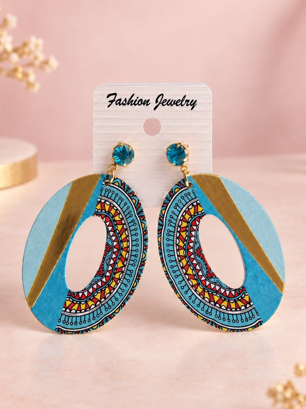 Fashion Jewelry Turquoise Blue Patterned Drop Earrings with Gold Trim